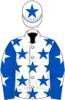 White, royal blue stars, royal blue sleeves, white stars, white cap, blue star