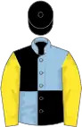 Light blue and black (quartered), yellow sleeves, black cap