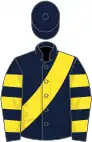 Dark blue, yellow sash, hooped sleeves