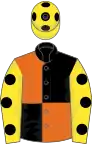 Black and Orange (quartered), Yellow sleeves, Black spots, Yellow cap, Black spots