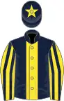 Dark blue, yellow stripe, yellow and dark blue striped sleeves, dark blue cap, yellow star