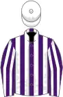 Purple and white stripes, white cap