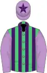 Emerald green and purple stripes, mauve sleeves, mauve cap, purple star