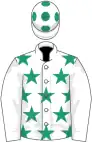 White, emerald green stars on body, spots on cap