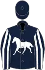 Dark blue, white horse, dark blue sleeves, white stripes, dark blue cap