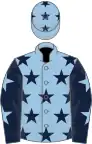 Light blue, dark blue stars, dark blue sleeves, light blue stars, light blue cap, dark blue stars