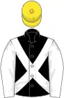 Black, white cross-belts and sleeves, yellow cap