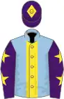 Light blue, yellow stripe, purple sleeves, yellow stars, purple cap, yellow diamond