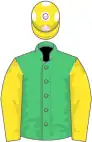 Emerald green, yellow sleeves, yellow cap