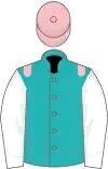 Emerald green, pink epaulettes, white sleeves, pink cap