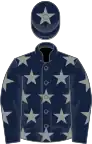 Dark blue, grey stars, dark blue sleeves, grey stars, dark blue cap, grey star