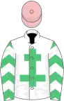 White, emerald green cross of lorraine, emerald green sleeves, white chevrons, pink cap