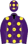 Purple, yellow spots, purple sleeves, yellow spots on cap