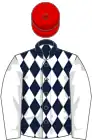 Dark blue and white diamonds, white sleeves, red cap