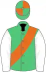 Emerald green, orange sash, white sleeves, emerald green and orange quartered cap