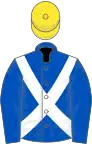 Royal blue, white cross belts, yellow cap