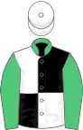 Black and white (quartered), emerald green collar and sleeves, white cap