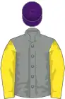 Grey, yellow sleeves, purple cap