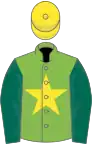 Light green, yellow star, dark green sleeves, yellow cap