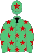 Emerald green, red stars, red star on cap