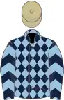 Dark blue and light blue diamonds, light blue and dark blue chevrons on sleeves, beige cap