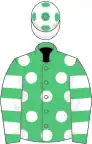 Emerald green, white spots, hooped sleeves, white cap, emerald green spots