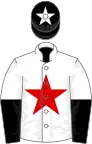 White, red star, white and black halved sleeves, black cap, white star