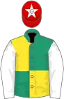 Emerald green and yellow (quartered), white sleeves, red cap, white star