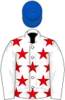 White, red stars on body, royal blue cap