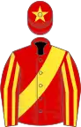 Red, yellow sash, striped sleeves and star on cap