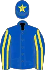 Royal blue, yellow striped sleeves, star on cap