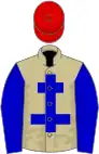 Beige, blue cross of lorraine, blue sleeves, red cap