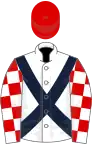 White, dark blue cross sashes, red and white check sleeves, red cap