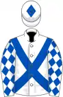 White, royal blue cross-belts, diamonds on sleeves, diamond on cap