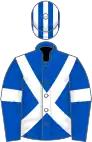 Royal blue, white cross-belts and armlets, striped cap