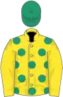 Yellow, emerald green spots, yellow sleeves, emerald green cap