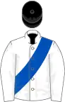 White, royal blue sash, black cap