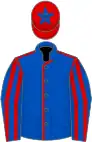 Royal blue, red seams, striped sleeves, red cap, royal blue star