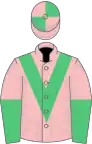 pink, emerald green chevron, pink and emerald green halved sleeves, quartered cap