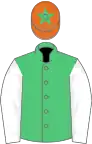 Emerald green, white sleeves, orange cap, green star