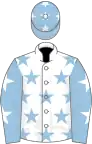 White, light blue stars, light blue sleeves, white stars and stars on cap