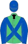 Emerald green, royal blue cross sashes, royal blue sleeves and cap