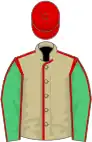 Beige, red seams, emerald green sleeves, red seams, red cap