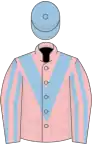 Pink, light blue chevron, striped sleeves, light blue cap