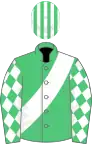 Emerald green, white sash and diamonds on sleeves, emerald green and white striped cap