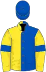 Royal blue and yellow (halved), yellow sleeves, royal blue armlets, royal blue cap