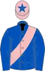 Royal blue, pink sash, pink cap, royal blue star