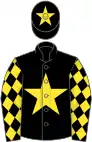 Black, yellow star, diamonds on sleeves, black cap, yellow star