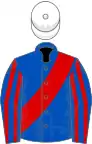 Royal Blue, Red sash, striped sleeves, White cap