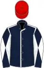 Dark blue, white seams, diabolo on sleeves, red cap